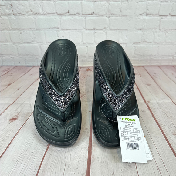 Crocs Sloane Glitter Black Wedge Thong Flip Flops Sandals Women’s Size 10 - Picture 7 of 10